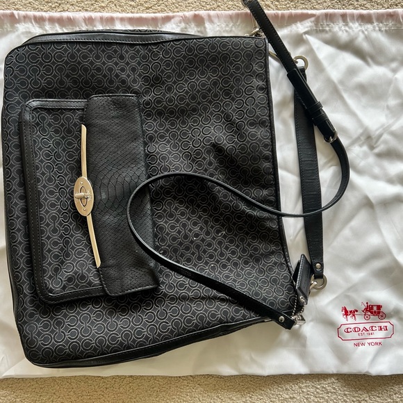 Coach large bag black w/ gray. Silver hardware. Turquoise inside. Used 2 times. - Picture 6 of 9